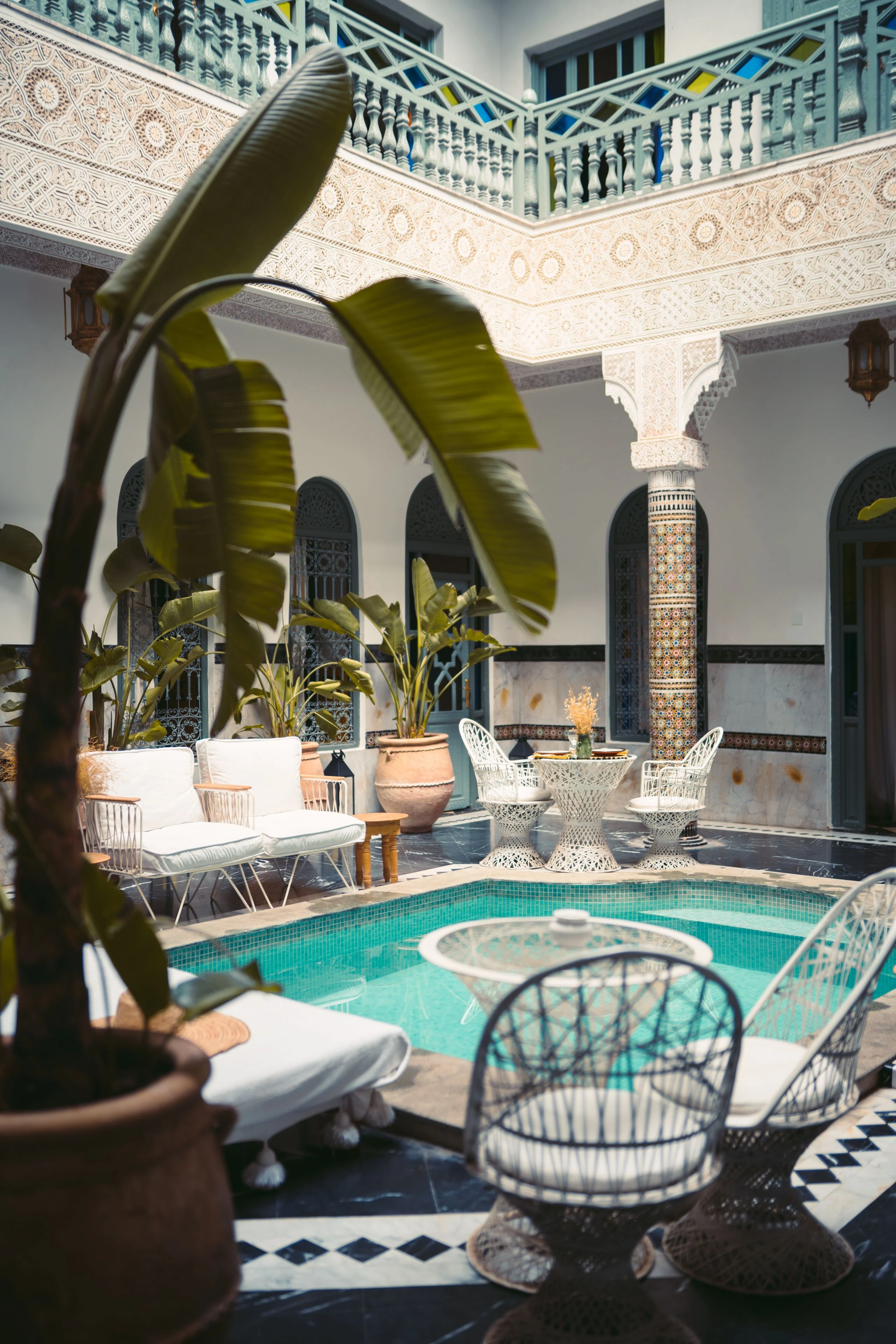 Traditional Marrakech courtyard with a tiled pool